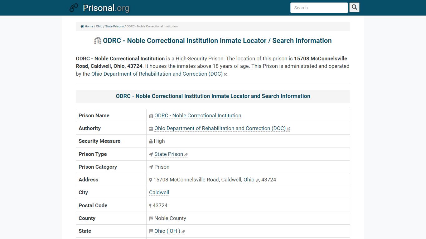 ODRC - Noble Correctional Institution-Inmate Locator ...